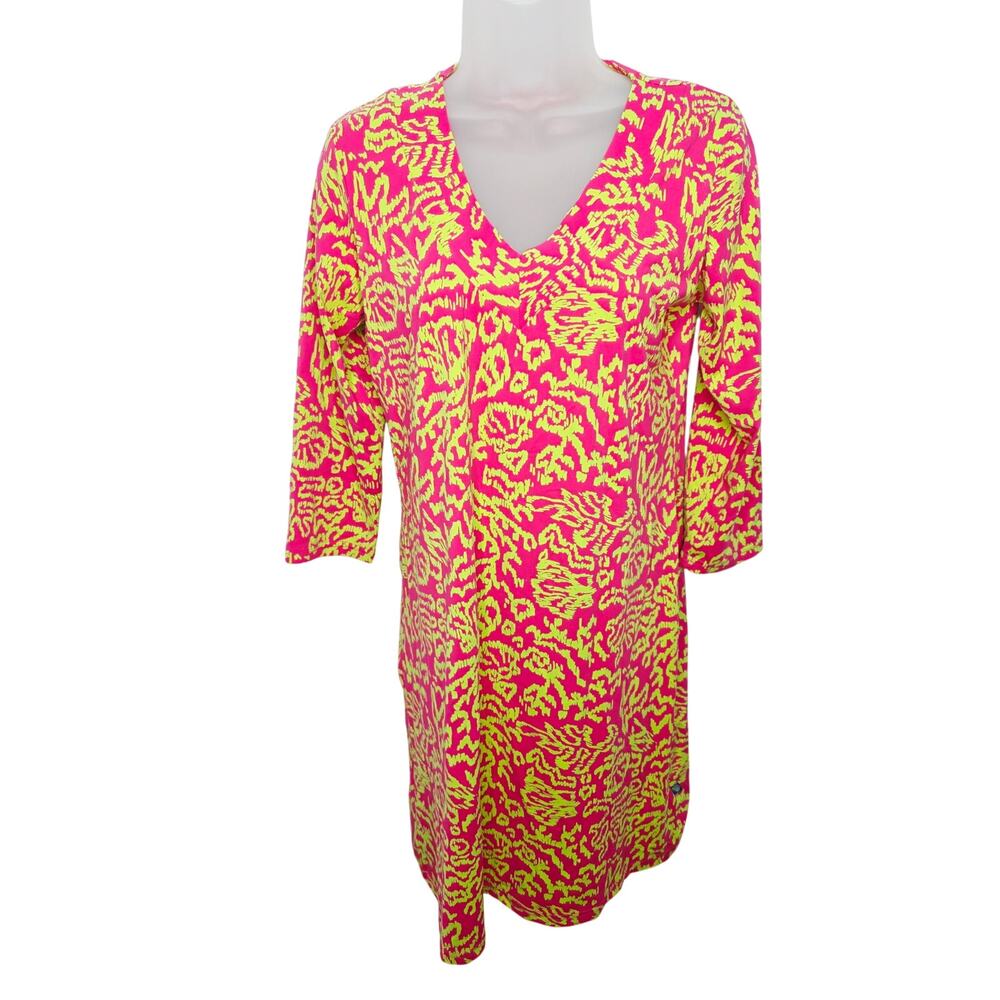 Banana Boat UPF 50+ V Neck Womens Dress M Pink Lime Abstract Print Beach Resort